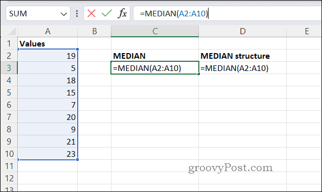 Príklad vzorca MEDIAN v Exceli