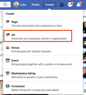 Vytvorte reklamy na Facebooku kliknutím na Vytvoriť vo svojom profile na Facebooku.