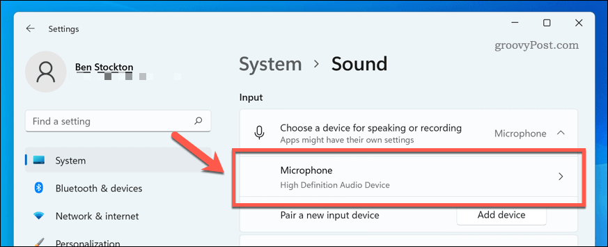 Otvorte mikrofónové zariadenie v nastaveniach zvuku systému Windows 11