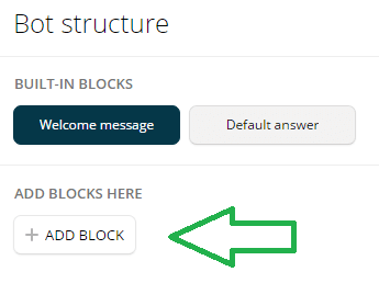 Kliknite na + Pridať blok a pridajte nový blok v Chatfuel.