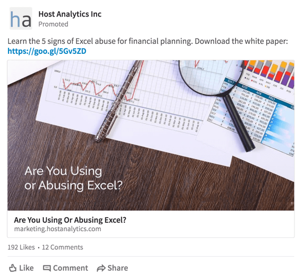 Host Analytics ponúka cieľovú skupinu na LinkedIn ponuku white paper na stiahnutie.