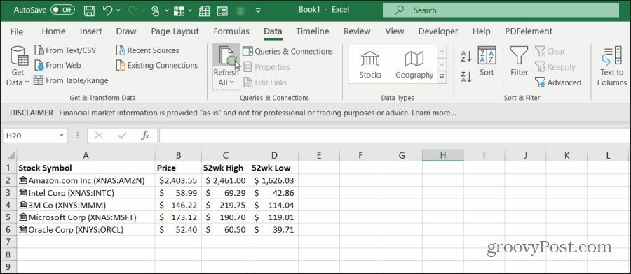 obnovenie údajov o akciách v Exceli