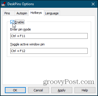 Možnosti klávesových skratiek v aplikácii DeskPins