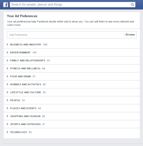 kategórie preferencií pre facebookovú reklamu