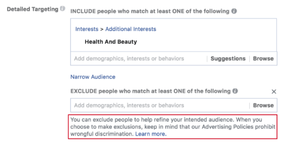 Spoločnosť Facebook zverejnila nové výzvy, ktoré inzerentom pripomínajú antidiskriminačné politiky spoločnosti Facebook predtým, ako vytvoria reklamnú kampaň a pri použití nástrojov na vylúčenie.