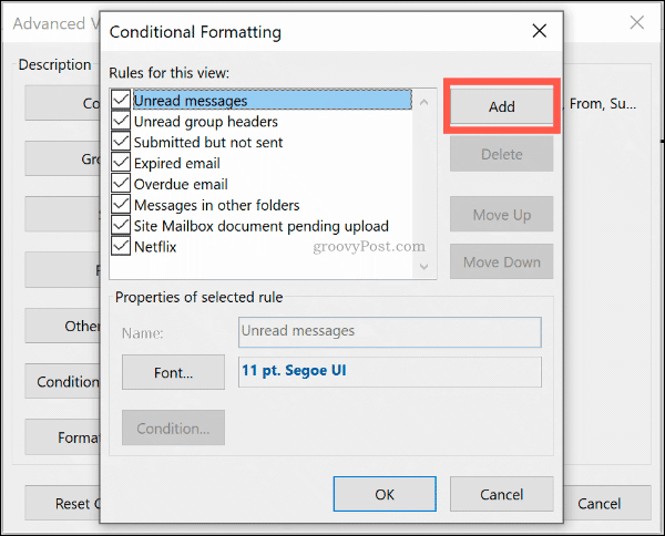 Kliknutím na Pridať pridajte nové pravidlo podmieneného formátu v programe Outlook