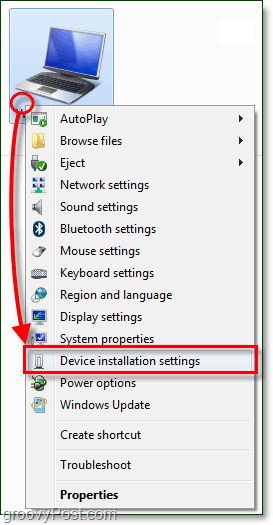 v kontextovej ponuke vášho počítača so systémom Windows 7 a prejdite nadol na nastavenia inštalácie zariadenia
