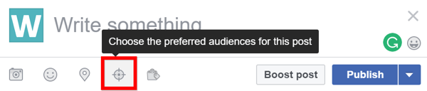 Ak chcete zistiť, či je pre vašu stránku na Facebooku povolená optimalizácia publika, pri vytváraní nového príspevku hľadajte ikonu zacielenia.