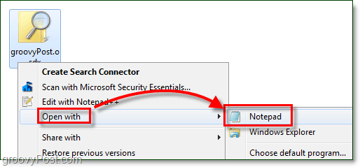 otvorte vyhľadávací konektor pomocou programu Poznámkový blok a upravte ho v systéme Windows 7
