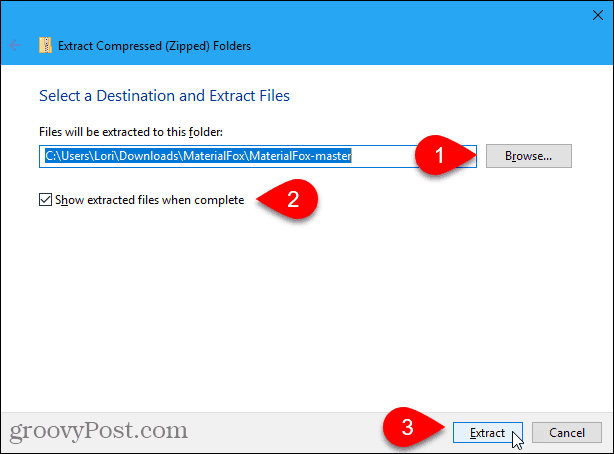 Dialógové okno Extrahovať Windows 10