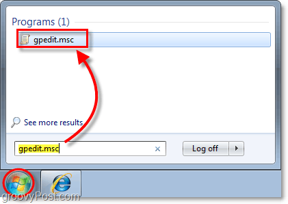 do panela úloh systému Windows 7 napíšte gpedit.msc, čím získate prístup k editoru politiky miestnej skupiny v okne 7
