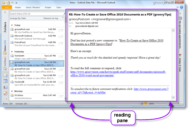Okno na čítanie v programe Outlook 2010 zobrazuje e-maily