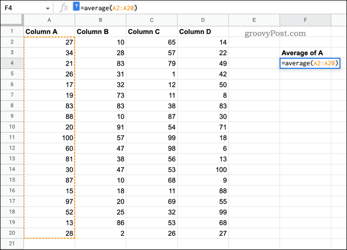 Funkcia AVERAGE použitá v Tabuľkách Google