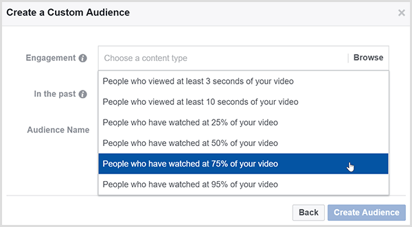 Dialógové okno Vytvoriť vlastné publikum na Facebooku obsahuje možnosti zacielenia reklám na ľudí, ktorí si pozreli určité percento vášho videa.