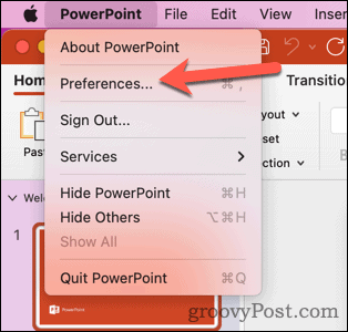Otvorte predvoľby programu Mac PowerPoint