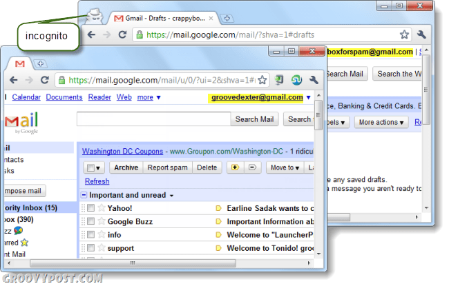 počítač s dvoma účtami gmail v prehliadači Chrome
