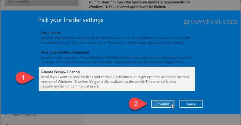 Vyberte kanál ukážky vydania pre program Windows Insider