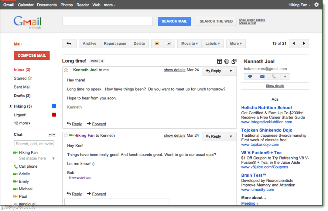 Téma konverzácie ukážky v Gmaile