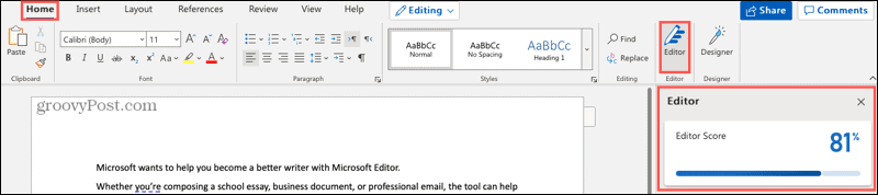 Tlačidlo Microsoft Editor a bočný panel v aplikácii Word online