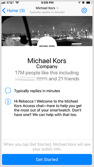 Používatelia, ktorí sa chcú prihlásiť do robota Messenger, ako je ten od Michaela Korsa, kliknú na tlačidlo Začíname.
