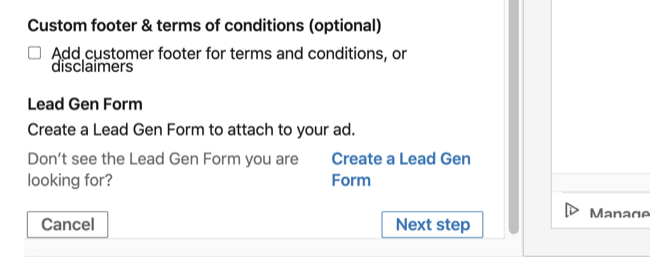 Možnosť Lead Gen Form v sekcii Základné informácie v nastavení reklamy na konverzáciu na LinkedIn