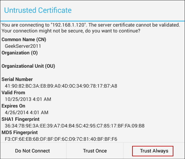 nedôveryhodný certifikát