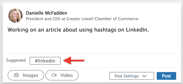 Použite jeden z návrhov hashtagov na LinkedIn alebo zadajte svoje preferované hashtagy.