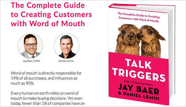 Toto je snímka obrazovky webu Talk Triggers. Na ľavej strane je text o knihe a fotografie Jay Baera a Daniela Lemina. Vpravo je obal knihy pre Talk Triggers.