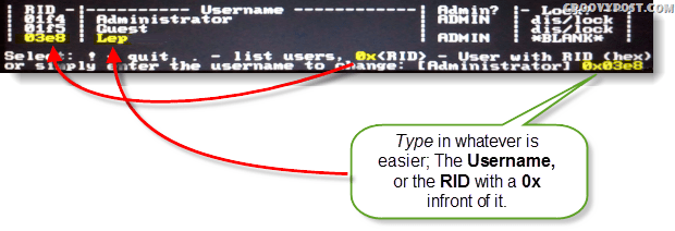 Vybrať!, skonči. - zoznam používateľov, 0x <RID> - Používateľ s RID (hex) alebo jednoducho zadajte meno, ktoré chcete zmeniť: [Administrator]