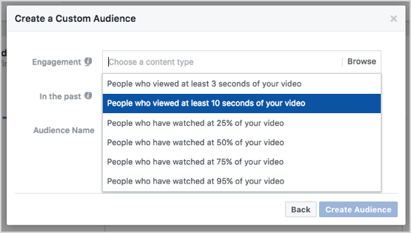 Vlastné publikum na Facebooku založené na 10-sekundových zobrazeniach videa.