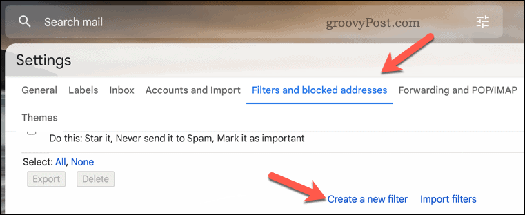 Vytvorte filter Gmailu