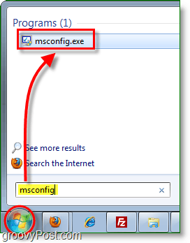 spustite msconfig.exe z ponuky Štart v systéme Windows 7