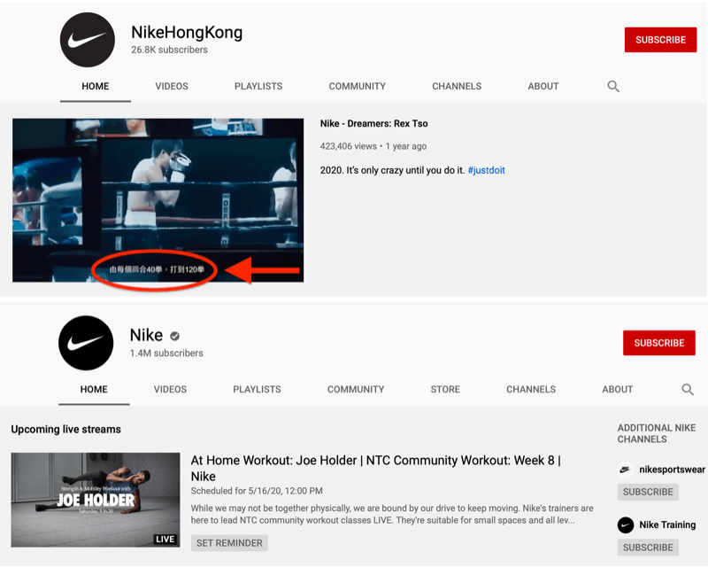 All-market účet YouTube spoločnosti Nike a hongkonský účet špecifický pre daný trh