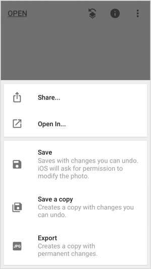Zdieľajte, ukladajte alebo exportujte svoj obrázok v mobilných aplikáciách, ako je Snapseed.