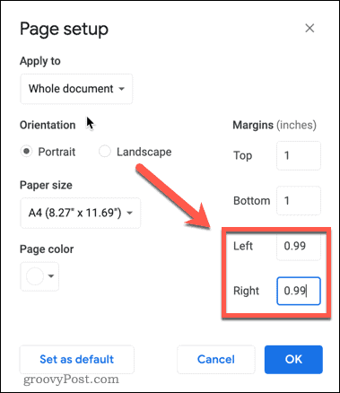 upraviť okraje v dokumentoch Google
