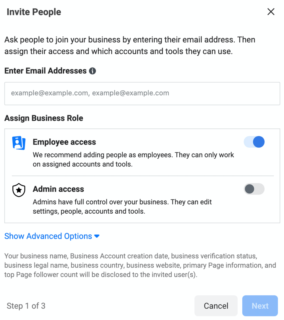 obrázok obrazovky Pozvať ľudí v Meta Business Manager