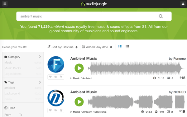 Vyhľadávajte v robustnej knižnici AudioJungle bezplatných hudobných a zvukových stôp od 1 USD.