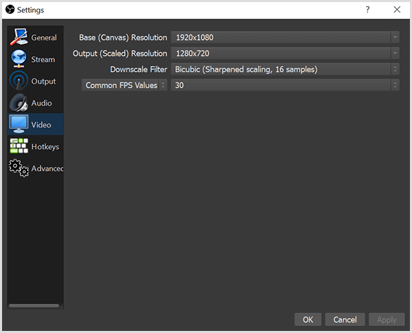 Dialógové okno Nastavenia OBS Studio obsahuje možnosti na karte Video pre nastavenie základného rozlíšenia a vášho výstupného rozlíšenia. Toto políčko obsahuje aj možnosti pre zmenšenie filtra a FPS alebo počet snímok za sekundu.