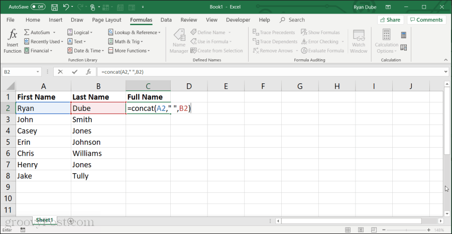 pomocou funkcie concat v Exceli