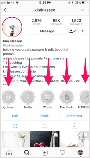 Najdôležitejšie značky na Instagrame na profile Kim Klassen.