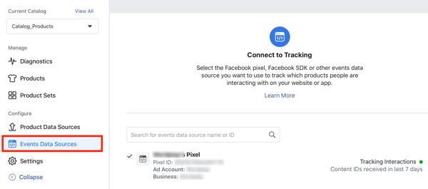 Pomocou nástroja na nastavenie udalostí na Facebooku, krok 24, možnosť ponuky, pripojte pixel na Facebooku k svojmu katalógu