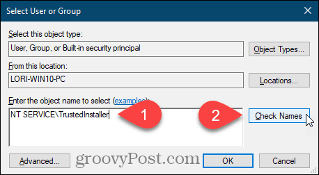 Zadajte meno používateľa a kliknite na tlačidlo Skontrolovať mená pre kľúč databázy Registry systému Windows