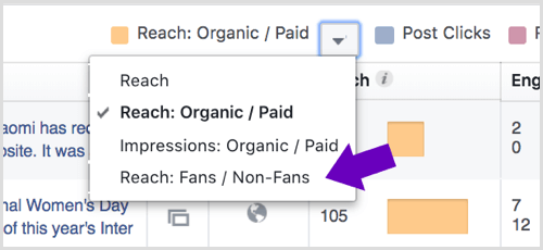 Kliknite na šípku vedľa položky Dosah: Organické / Platené vo vašich štatistikách stránok na Facebooku.