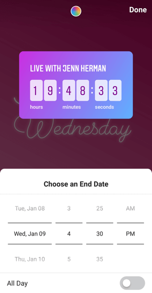 Ako používať nálepku Instagram Countdown pre podnikanie, krok 4 odpočítavania - čas ukončenia.