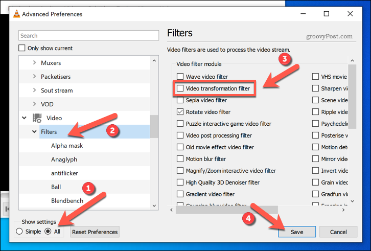 Povolenie filtrov transformácie videa vo VLC v systéme Windows