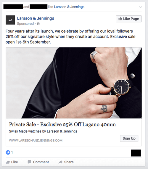 Reklama na exkluzívny predaj od značky hodiniek Larsson & Jennings.