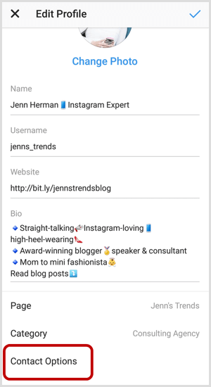Možnosti kontaktu na obrazovke Upraviť profil na Instagrame