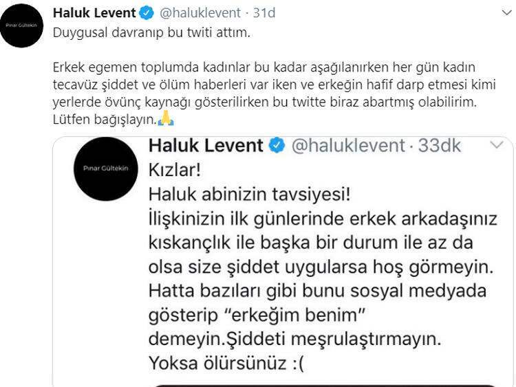 Haluk Levent Pınar získal reakciu po zdieľaní, ktoré urobil po Gültekinovej vražde!