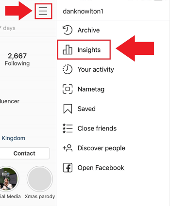 Marketingová stratégia sociálnych médií; Screenshot, kde získať prístup k aplikácii Instagram Insights v aplikácii Instagram.