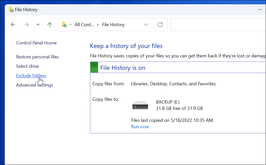 Vylúčte použitie histórie súborov v systéme Windows 11